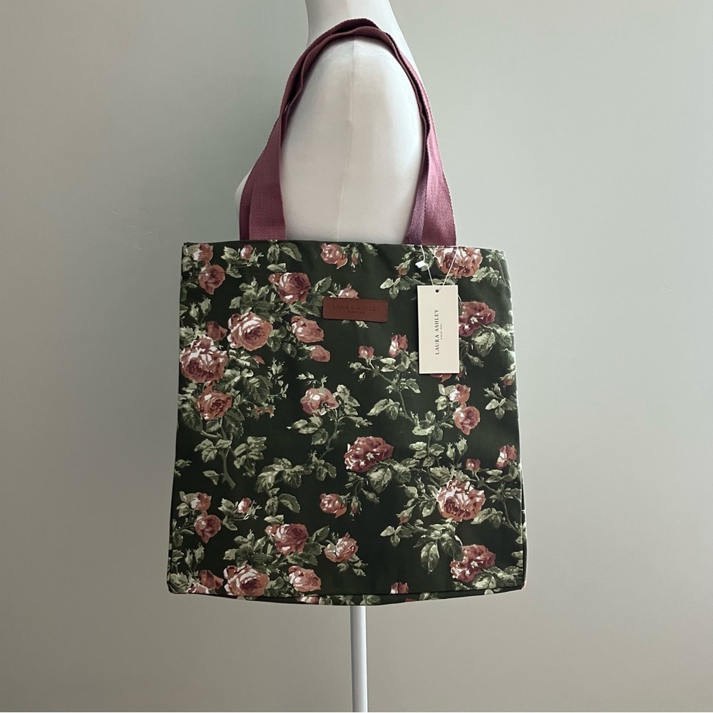 Laura Ashley Madelynn Tote Dark Green Apricot Rust Floral Design - NEW WITH TAGS